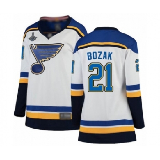 Women's St. Louis Blues 21 Tyler Bozak Fanatics Branded White Away Breakaway 2019 Stanley Cup Champions Hockey Jersey