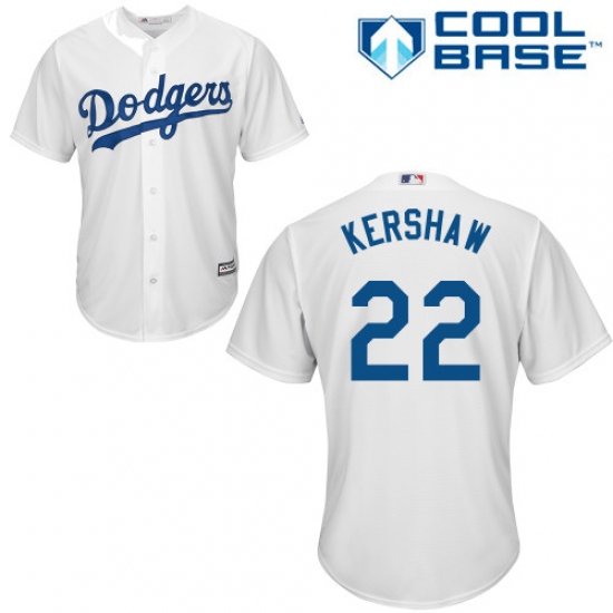 Youth Majestic Los Angeles Dodgers 22 Clayton Kershaw Replica White Home Cool Base MLB Jersey