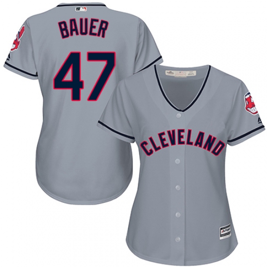 Women's Majestic Cleveland Indians 47 Trevor Bauer Replica Grey Road Cool Base MLB Jersey