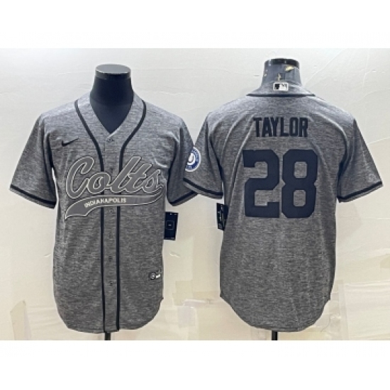 Men's Indianapolis Colts 28 Jonathan Taylor Grey Gridiron With Patch Cool Base Stitched Baseball Jersey