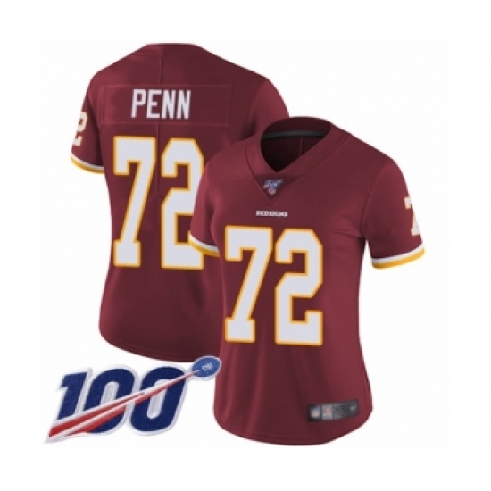 Women's Washington Redskins 72 Donald Penn Burgundy Red Team Color Vapor Untouchable Limited Player 100th Season Football Jersey