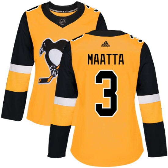 Women's Adidas Pittsburgh Penguins 3 Olli Maatta Authentic Gold Alternate NHL Jersey