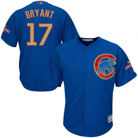 Youth Majestic Chicago Cubs 17 Kris Bryant Authentic Royal Blue 2017 Gold Champion Cool Base MLB Jersey