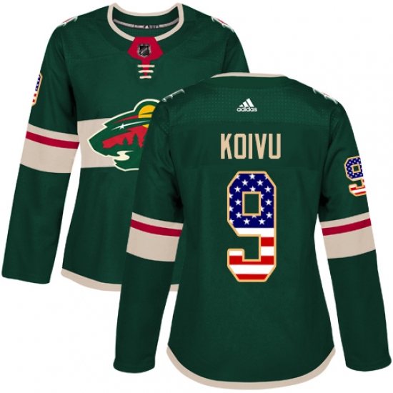 Women's Adidas Minnesota Wild 9 Mikko Koivu Authentic Green USA Flag Fashion NHL Jersey