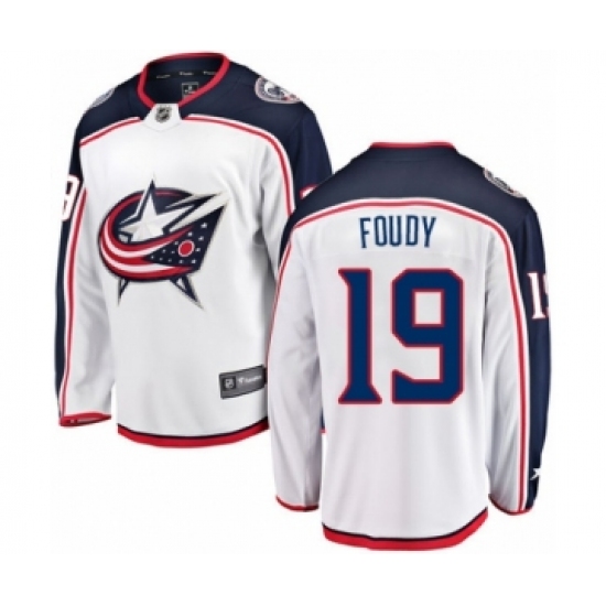Men's Columbus Blue Jackets 19 Liam Foudy Authentic White Away Fanatics Branded Breakaway NHL Jersey