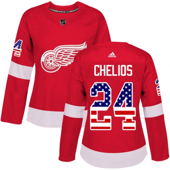 Women's Adidas Detroit Red Wings 24 Chris Chelios Authentic Red USA Flag Fashion NHL Jersey