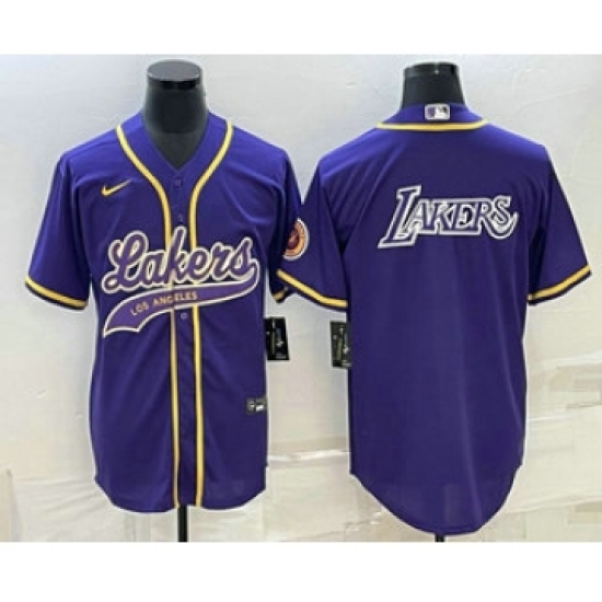 Men's Los Angeles Lakers Purple Big Logo Cool Base Stitched Baseball Jersey