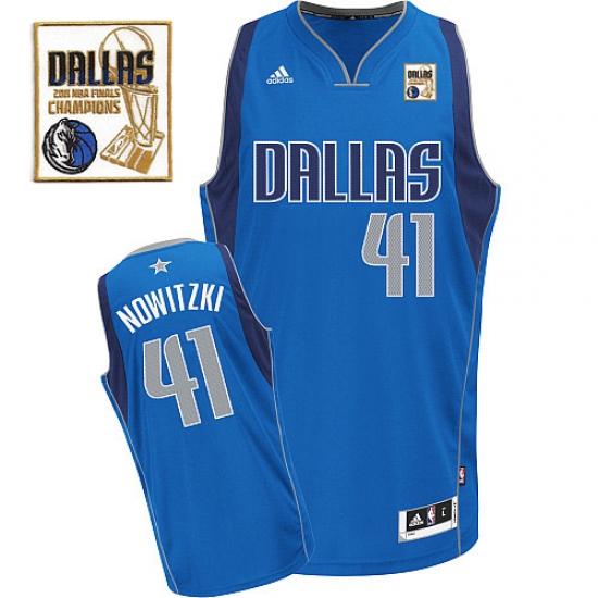 Men's Adidas Dallas Mavericks 41 Dirk Nowitzki Swingman Royal Blue Road Champions Patch NBA Jersey