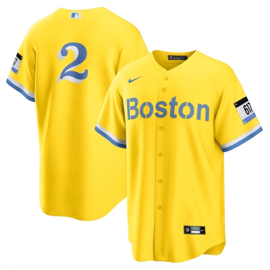 Men's Boston Red Sox 2 Xander Bogaerts Nike Gold-Light Blue 2021 City Connect Replica Player Jersey