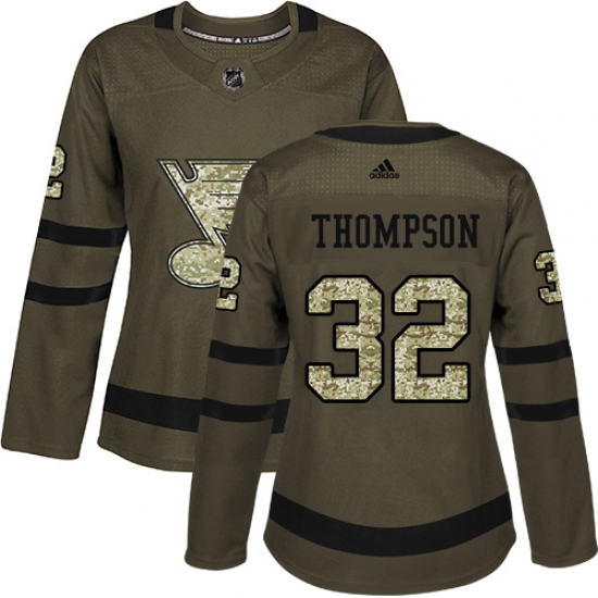 Women's Adidas St. Louis Blues 32 Tage Thompson Authentic Green Salute to Service NHL Jersey