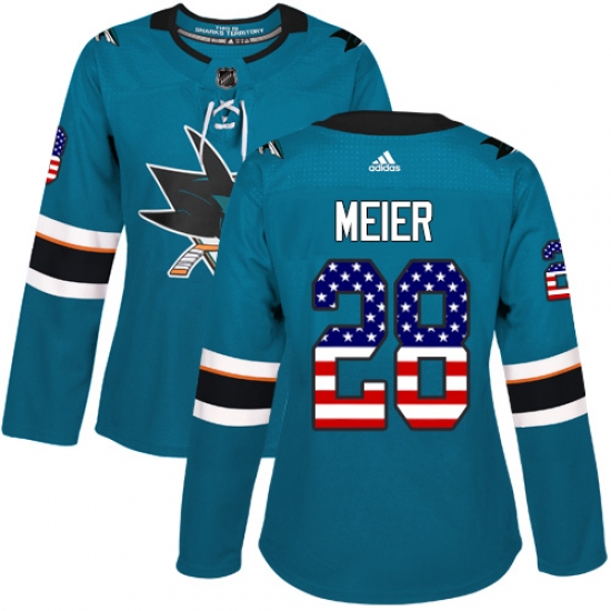 Women's Adidas San Jose Sharks 28 Timo Meier Authentic Teal Green USA Flag Fashion NHL Jersey