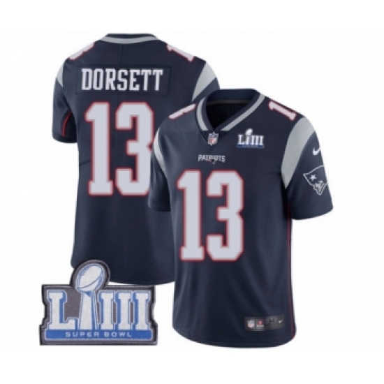 Men's Nike New England Patriots 13 Phillip Dorsett Navy Blue Team Color Vapor Untouchable Limited Player Super Bowl LIII Bound NFL Jersey