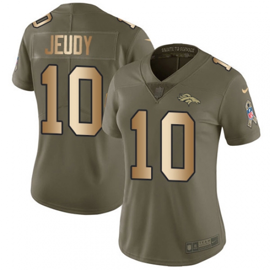 Women's Denver Broncos 10 Jerry Jeudy Olive Gold Stitched Limited 2017 Salute To Service Jersey