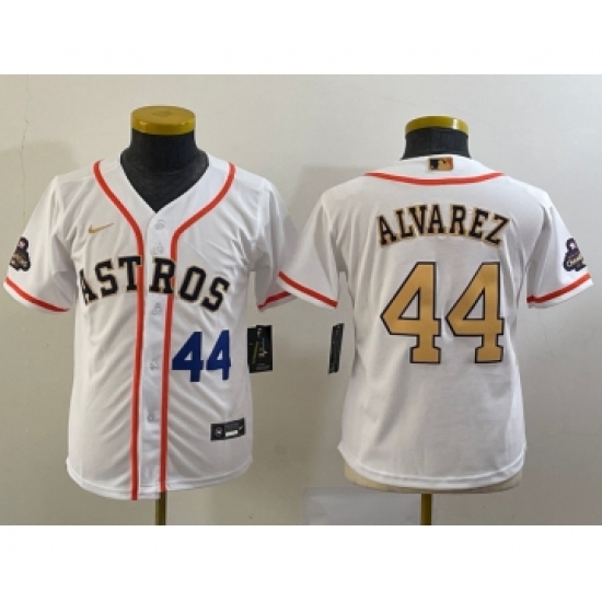 Youth Houston Astros 44 Yordan Alvarez Number 2023 White Gold World Serise Champions Cool Base Stitched Jersey1