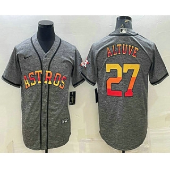 Men's Houston Astros 27 Jose Altuve Grey Gridiron With Patch Cool Base Stitched Baseball Jersey