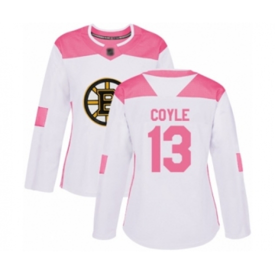 Women's Boston Bruins 13 Charlie Coyle Authentic White Pink Fashion Hockey Jersey