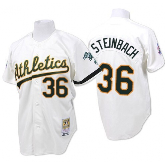 Men's Mitchell and Ness Oakland Athletics 36 Terry Steinbach Authentic White Throwback MLB Jersey