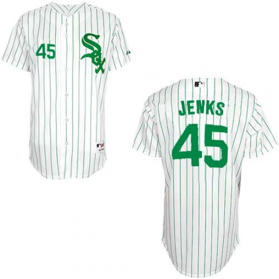 Men's Majestic Chicago White Sox 45 Bobby Jenks Authentic White/Green Strip MLB Jersey