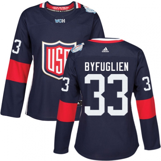 Women's Adidas Team USA 33 Dustin Byfuglien Authentic Navy Blue Away 2016 World Cup Hockey Jersey