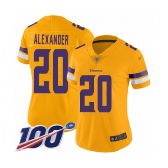 Women's Minnesota Vikings 20 Mackensie Alexander Limited Gold Inverted Legend 100th Season Football Jersey