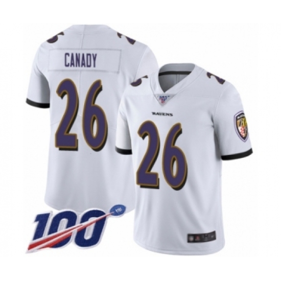 Men's Baltimore Ravens 26 Maurice Canady White Vapor Untouchable Limited Player 100th Season Football Jersey