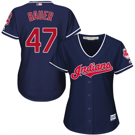 Women's Majestic Cleveland Indians 47 Trevor Bauer Authentic Navy Blue Alternate 1 Cool Base MLB Jersey