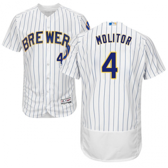 Men's Majestic Milwaukee Brewers 4 Paul Molitor White Home Flex Base Authentic Collection MLB Jersey