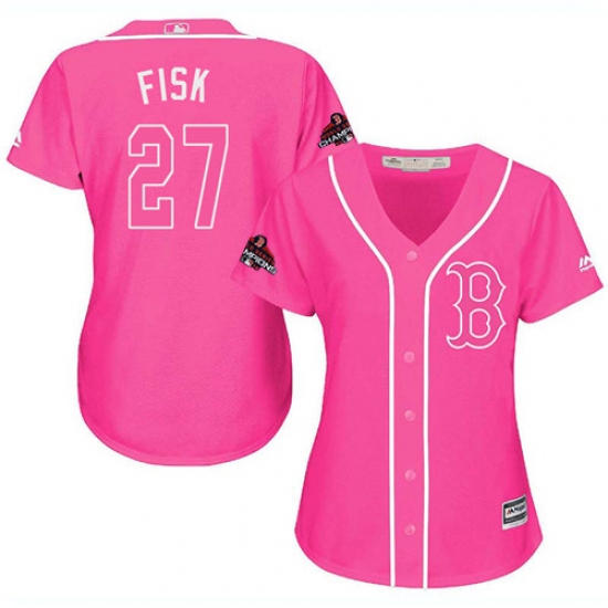 Women's Majestic Boston Red Sox 27 Carlton Fisk Authentic Pink Fashion 2018 World Series Champions MLB Jersey