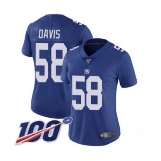 Women's New York Giants 58 Tae Davis Royal Blue Team Color Vapor Untouchable Limited Player 100th Season Football Jersey