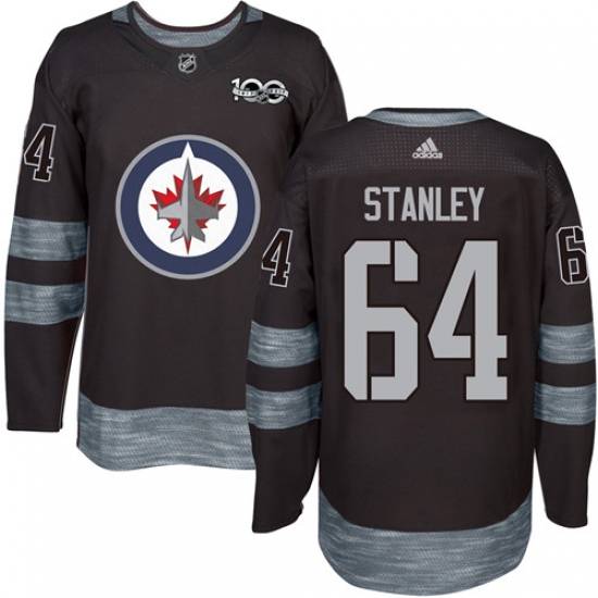 Men's Adidas Winnipeg Jets 64 Logan Stanley Premier Black 1917-2017 100th Anniversary NHL Jersey