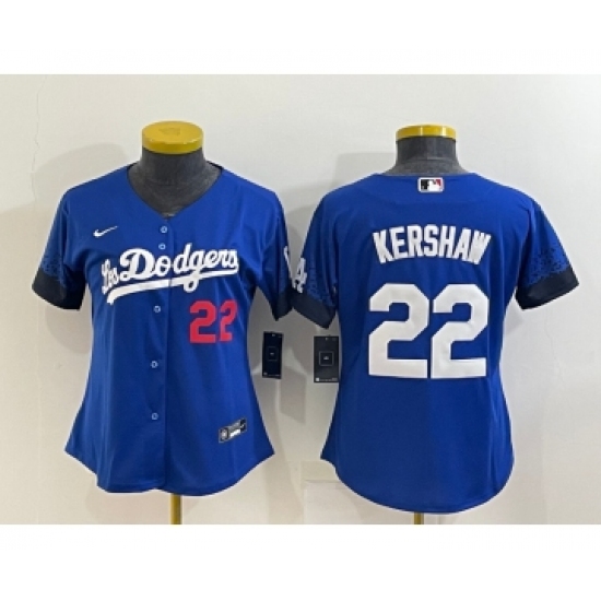 Women's Los Angeles Dodgers 22 Clayton Kershaw Blue 2021 City Connect Number Cool Base Stitched Jersey