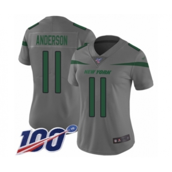 Women's New York Jets 11 Robby Anderson Limited Gray Inverted Legend 100th Season Football Jersey