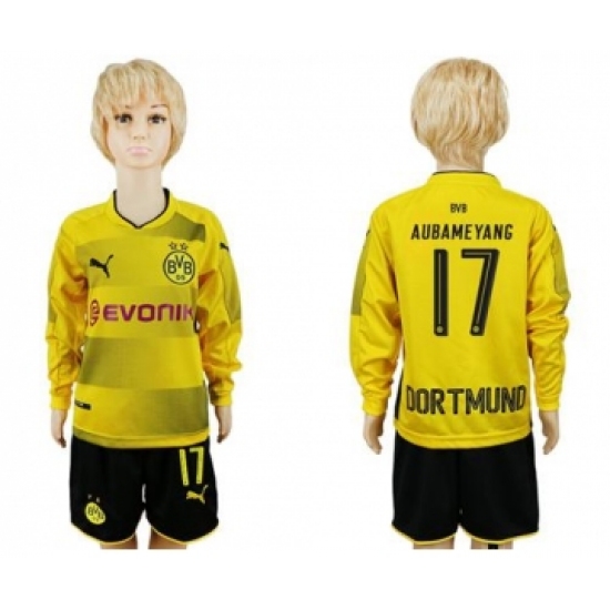 Dortmund 17 Aubameyang Home Long Sleeves Kid Soccer Club Jersey