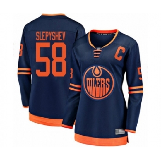 Women's Edmonton Oilers 58 Anton Slepyshev Authentic Navy Blue Alternate Fanatics Branded Breakaway Hockey Jersey