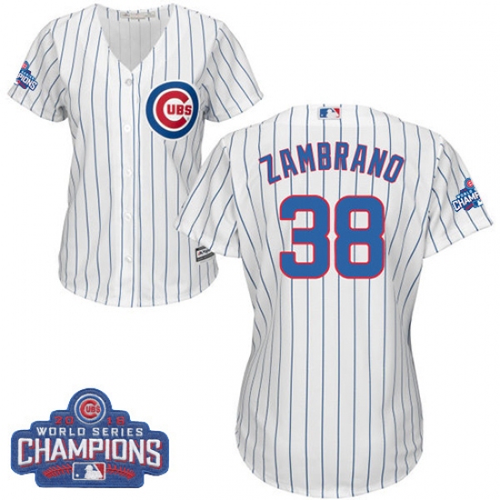 Women's Majestic Chicago Cubs 38 Carlos Zambrano Authentic White Home 2016 World Series Champions Cool Base MLB Jersey