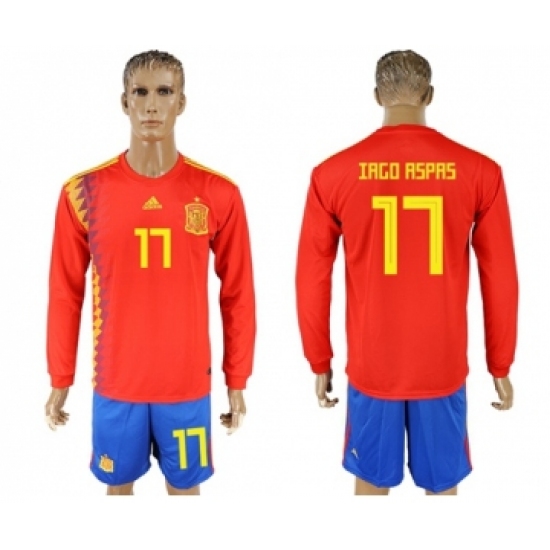 Spain 17 Iago Aspas Red Home Long Sleeves Soccer Country Jersey