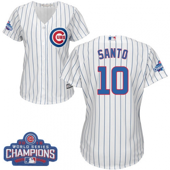 Women's Majestic Chicago Cubs 10 Ron Santo Authentic White Home 2016 World Series Champions Cool Base MLB Jersey