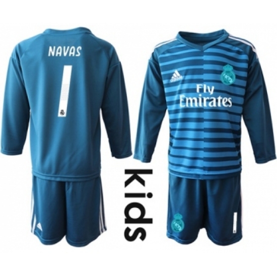 Real Madrid 1 Navas Blue Goalkeeper Long Sleeves Kid Soccer Club Jersey