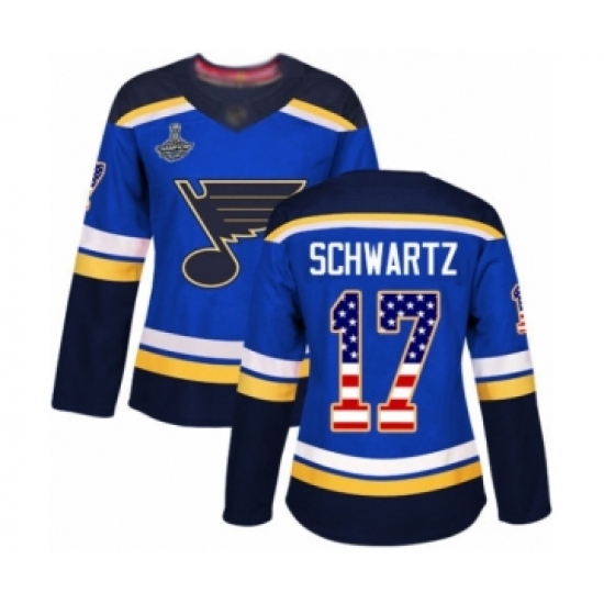 Women's St. Louis Blues 17 Jaden Schwartz Authentic Blue USA Flag Fashion 2019 Stanley Cup Champions Hockey Jersey