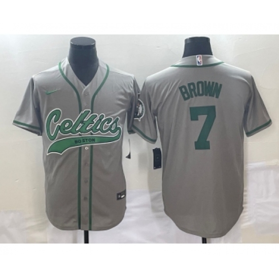 Men's Boston Celtics 7 Jaylen Brown Grey With Patch Stitched Baseball Jersey