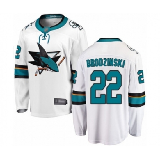 Men's San Jose Sharks 22 Jonny Brodzinski Fanatics Branded White Away Breakaway Hockey Jersey