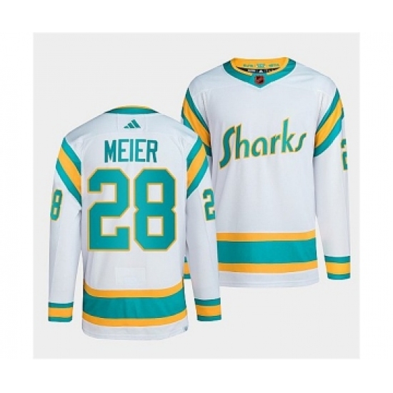 Men's San Jose Sharks 28 Timo Meier White 2022 Reverse Retro Stitched Jersey