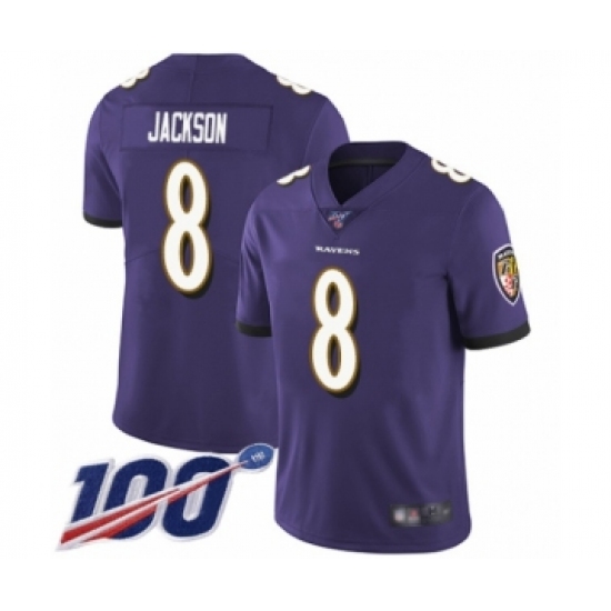 Youth Nike Baltimore Ravens 8 Lamar Jackson Purple Team Color Vapor Untouchable Limited Player 100th Season NFL Jersey