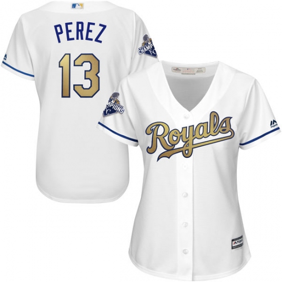 Women's Majestic Kansas City Royals 13 Salvador Perez Authentic White 2015 World Series Champions Gold Program Cool Base MLB Jersey