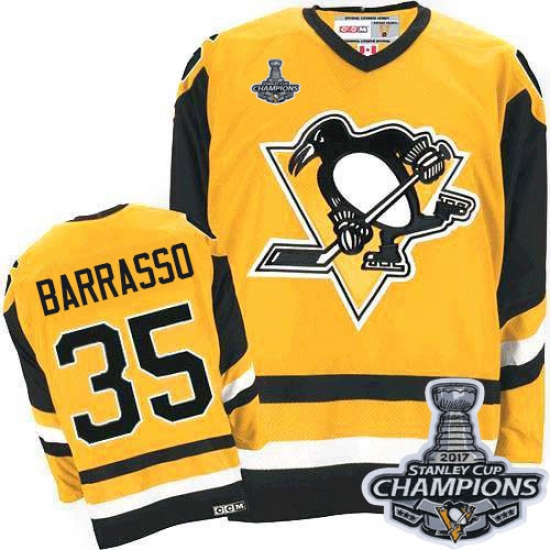 Men's CCM Pittsburgh Penguins 35 Tom Barrasso Premier Yellow Throwback 2017 Stanley Cup Champions NHL Jersey