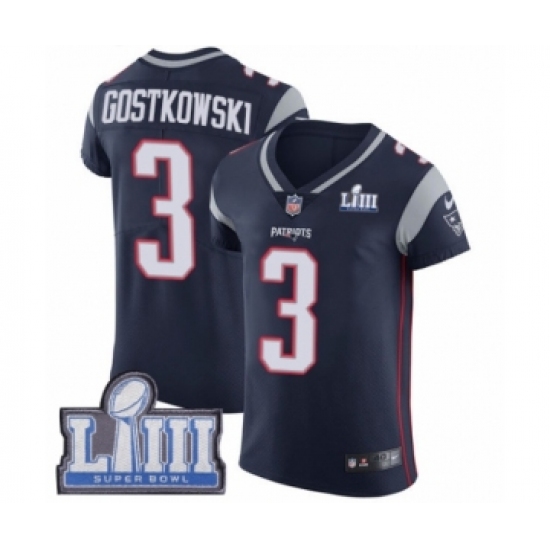 Men's Nike New England Patriots 3 Stephen Gostkowski Navy Blue Team Color Vapor Untouchable Elite Player Super Bowl LIII Bound NFL Jersey