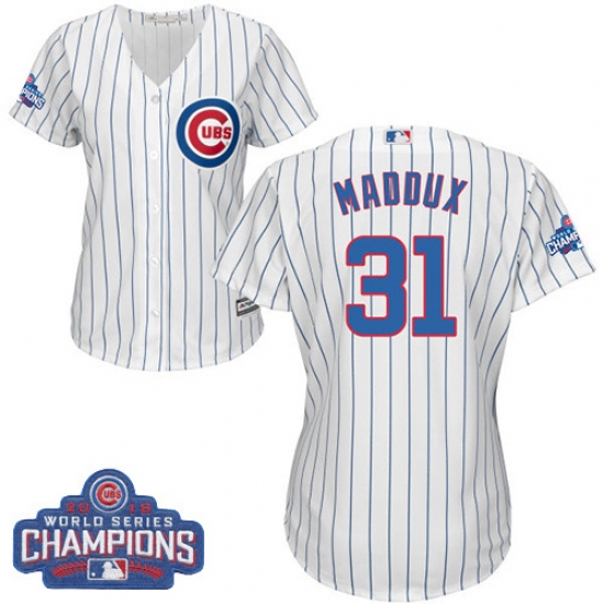 Women's Majestic Chicago Cubs 31 Greg Maddux Authentic White Home 2016 World Series Champions Cool Base MLB Jersey