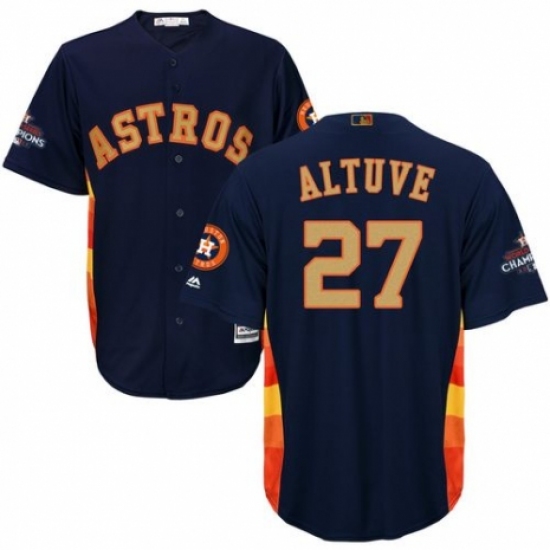 Men's Majestic Houston Astros 27 Jose Altuve Replica Navy Blue Alternate 2018 Gold Program Cool Base MLB Jersey