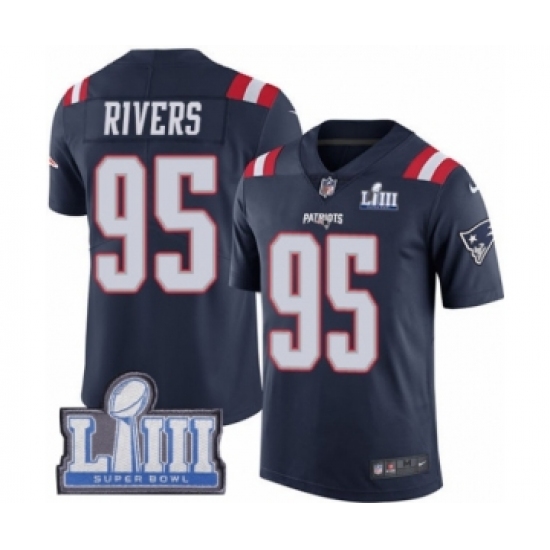 Men's Nike New England Patriots 95 Derek Rivers Limited Navy Blue Rush Vapor Untouchable Super Bowl LIII Bound NFL Jersey