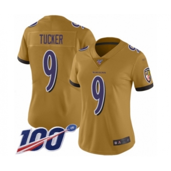 Women's Baltimore Ravens 9 Justin Tucker Limited Gold Inverted Legend 100th Season Football Jersey